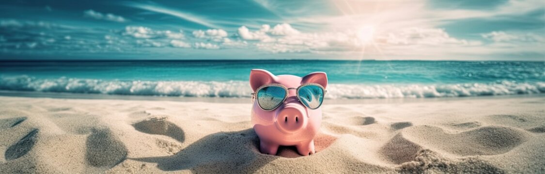 Piggy bank wearing sunglasses chilling at the beach, save money for vacation concept. Generative AI