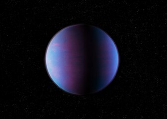 Fantastic exoplanet, science fiction. Cosmos background. Alien planet has a solid surface. Distant world in purple tones.