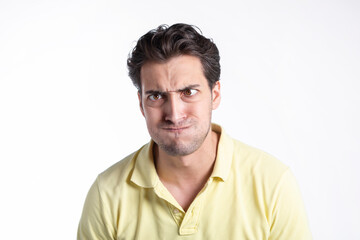 Close up portrait of funny stressed man isolated on white background	