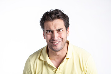 Obraz premium Close up portrait of funny stressed man isolated on white background 