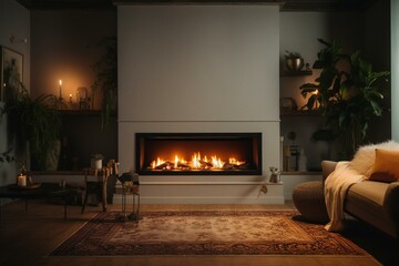 Cozy living space with a fireplace in a stunning home. Generative AI