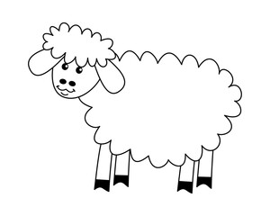 Young sheep in black and white profile on white background for coloring - vector
