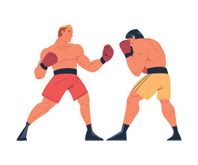 Two strong professional boxers in shorts and gloves fighting on ring cartoon vector illustration