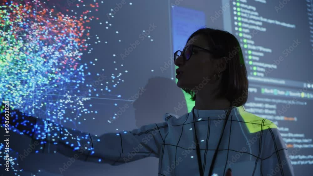 Poster Young Female Teacher Giving a Data Science Presentation in a Dark Auditorium with Projecting Slideshow with Artificial Intelligence Neural Network Architecture. Business Startup and Education Concept