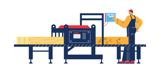 Sawmill employee in uniform working in workshop vector illustration isolated.