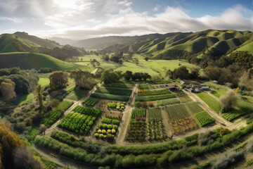 a regenerative agriculture farm, showcasing the rolling hills and diverse crops