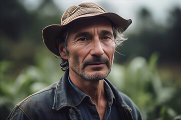 Obraz premium a portrait shot of a regenerative agriculture farmer, standing in the middle of their field of crops