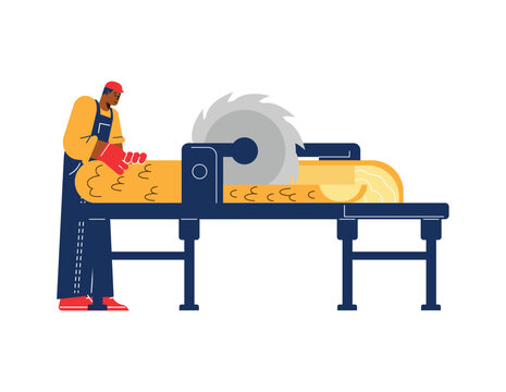 Wood workshop or sawmill worker working on equipment, flat vector a isolated.