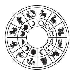 Set of 12 zodiac signs. Constellation of Aries, Taurus, Leo, Gemini, Virgo, Scorpio, Libra, Aquarius, Sagittarius, Pisces, Capricorn, Cancer. Moon Phases.