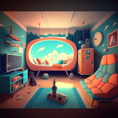 Futuristic, fantasy kid's bedroom with tv and magical window