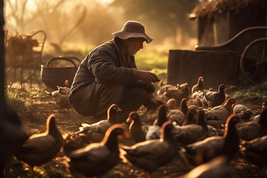 a farmer tending to their chickens, ducks, and other livestock