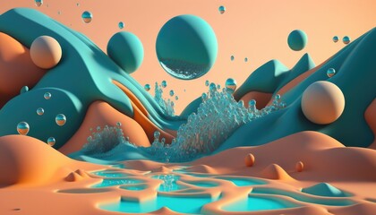 Fantasy 3D landscape of sandy desert with water spheres - obrazy, fototapety, plakaty