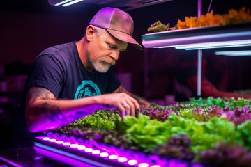 a shot of a regenerative agriculture farmer using innovative technology, such as hydroponics or aquaponics, to grow their crops