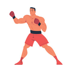 Strong muscular professional boxer in red shorts and boxing gloves training or fighting cartoon vector illustration