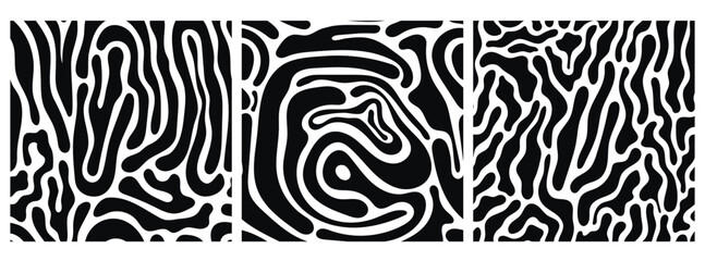 Vector set of black and white seamless patterns. Organic shapes, fluid, biology cells backgrounds.