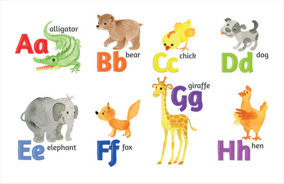 Children's alphabet in pictures from A to H.