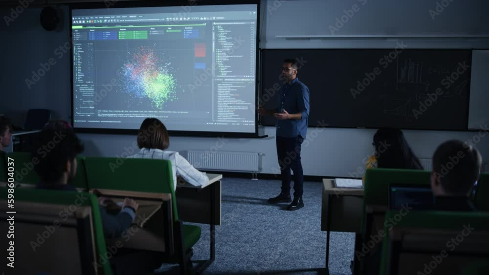 Fototapete young male teacher giving a data science lecture to a diverse multiethnic group of female and male s