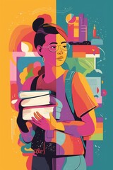 Fun and colorful illustration of young person with books, education concept