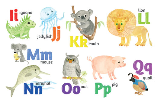 Children's alphabet in pictures from I to Q.