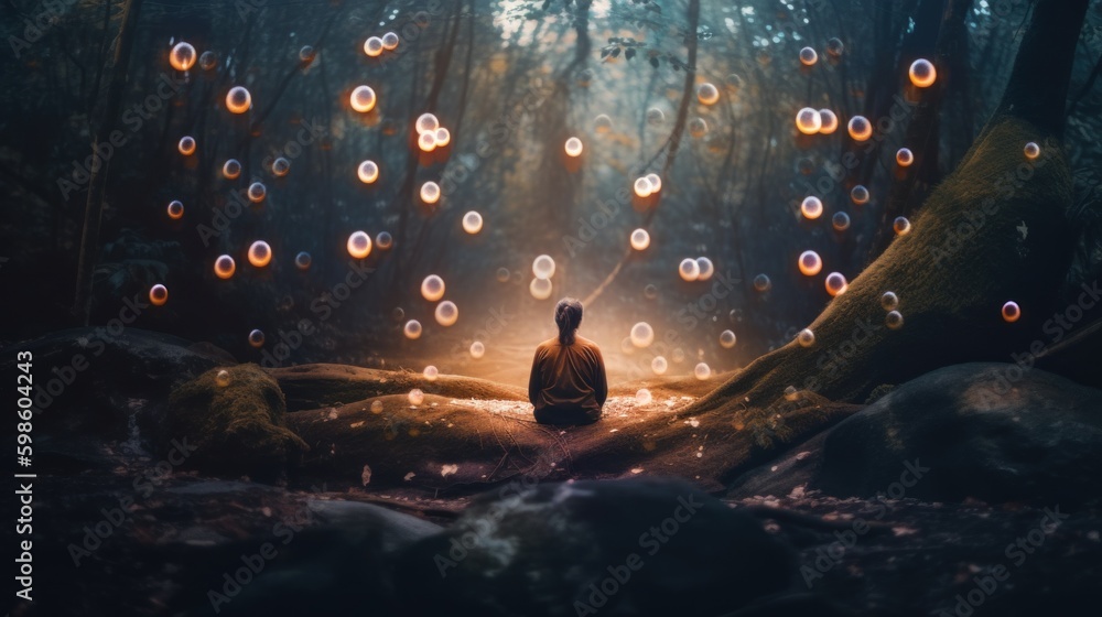 Poster a person sitting in the middle of a forest surrounded by bubbles. ai generative image.