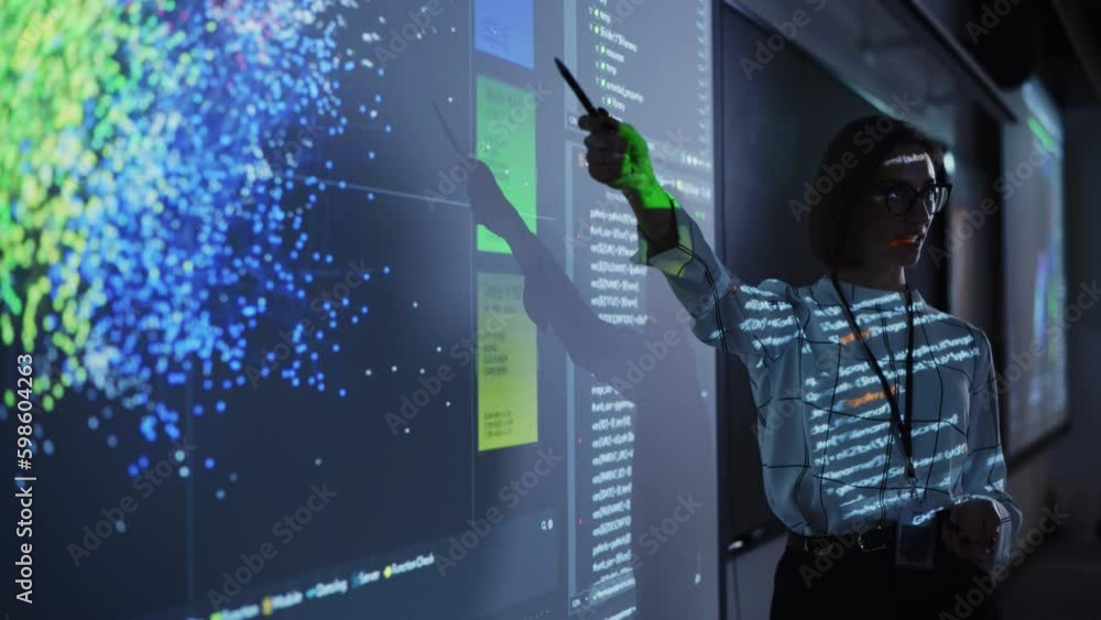 Poster Young Businesswoman Giving a Data Science Presentation in a Dark Auditorium with Projecting Slideshow with Artificial Intelligence Neural Network Architecture. Business Startup and Education Concept