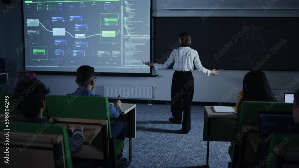 Fototapete young teacher giving a web development presentation to a diverse multiethnic group of female and mal
