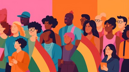 Crowd of queer people and allies marching for LGBTQ+ rights with pride flags