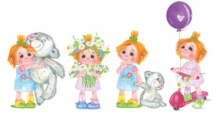 A set of drawings of a little girl with various childish emotions on her face