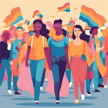 Group of diverse people marching for transgender rights, flat illustration with soft colors