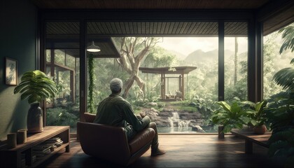 Man relaxing in his sustainable architecture home, integrated with nature and luxurious zen gardens