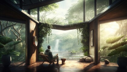 Obraz na płótnie Canvas Man relaxing in his sustainable architecture home, integrated with nature and luxurious zen gardens