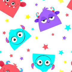 Multicolored monsters with stars in a seamless pattern on a white background 