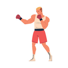 Muscular man in sportswear and boxing gloves fighting or training on ring cartoon vector illustration