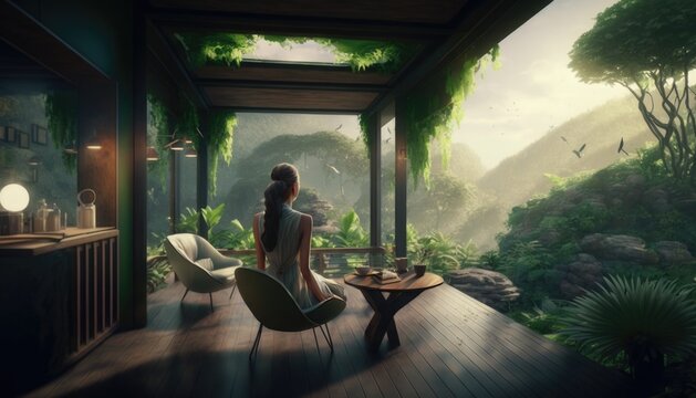 Woman in sustainable architecture home integrated to nature, relaxing environment