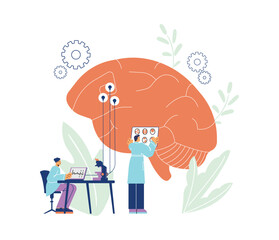 Scientists in laboratory studying human brain, abstract flat vector illustration isolated on white background.