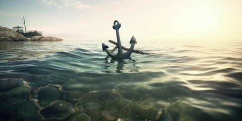 Landscape with ship anchor in the sea, digital illustration. Generative AI