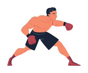 Strong professional boxer in shorts and gloves fighting or training on ring cartoon vector illustration