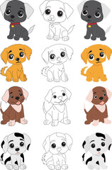set of puppies, dogs childrens coloring book isolated vector