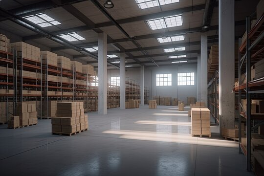 Logistics warehouse full of cardboard boxes, logistics and business concept. Generative AI