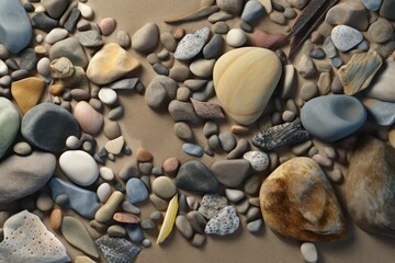 Fototapeta na wymiar Stones in the sand on the beach, nature concept, digital illustration. Generative AI
