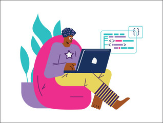 Relaxed man sitting in chair and programming on laptop, flat vector illustration isolated on white background.