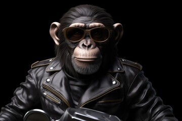 Monkey with leather jacket and sunglasses, digital illustration. Generative AI