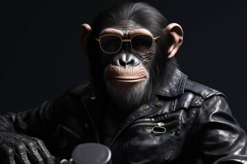 Obraz premium Monkey with leather jacket and sunglasses, digital illustration. Generative AI