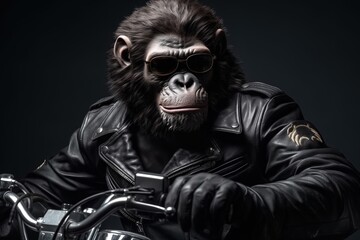 Monkey with leather jacket and sunglasses, digital illustration. Generative AI