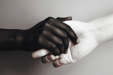 Black hand holding white hand, diversity concept, white background, digital illustration. Generative AI
