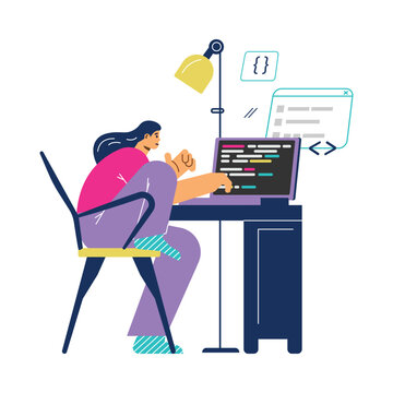 Woman writing code on laptop, concept of remote work - flat vector illustration isolated on white background.