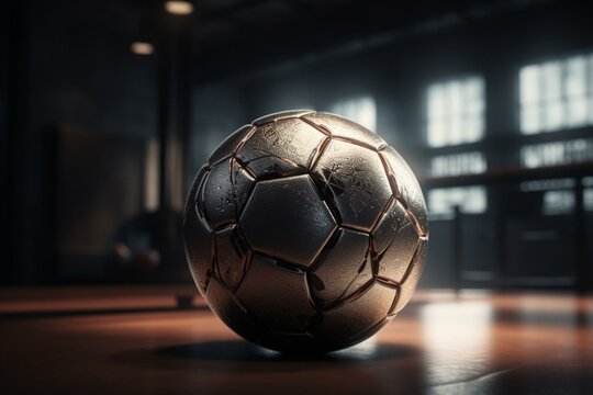 3D render of a metallic soccer ball on different surfaces and backgrounds. Generative AI