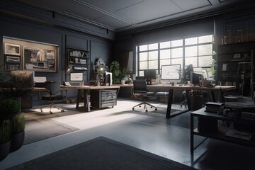 Corporate office, with wooden furniture and gray walls, architecture concept. Generative AI