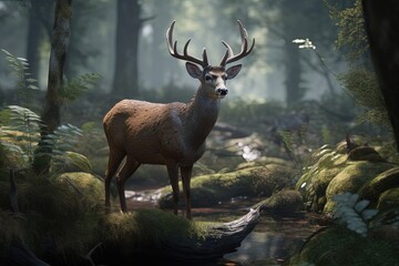 Illustration of deer in the forest, wildlife concept. Generative AI