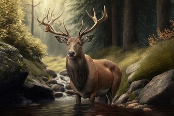 Illustration of deer in the forest, wildlife concept. Generative AI